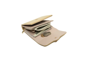 Detailed interior of tri-fold wallet showing card slots and zipper coin pocket
