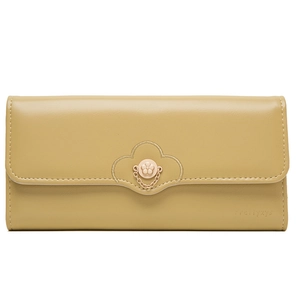 Detail of PU leather long wallet featuring flower clasp and brand logo embroidery