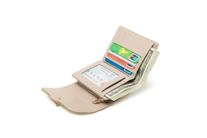 Interior detail of a beige tri-fold wallet showing multiple card slots and gold zipper