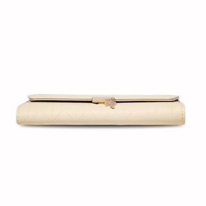 Beige quilted long wallet for women with leaf pendant and golden metal buckle