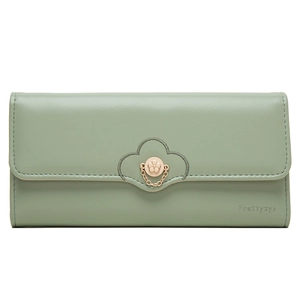 Green PU leather long wallet for women featuring a cloud stitch design and metal buckle