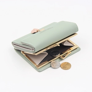 Three-fold mint green women's short wallet with gold clasp and heart pendant