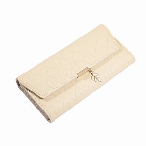 Creamy beige long wallet for women featuring geometric quilted pattern and leaf pendant