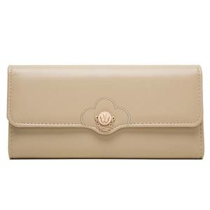 Close-up of beige PU leather wallet featuring floral metal clasp and elegant chain detail
