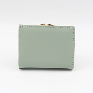 Minimalist light green PU leather wallet with white stitching and gold metal clasp closure