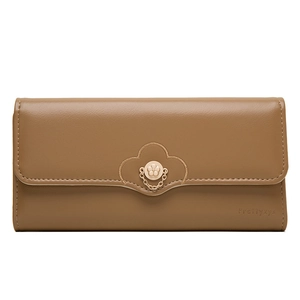 Detailed view of brown PU leather long wallet with floral gold buckle and chain