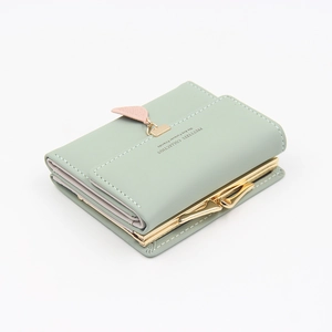 Three-fold mint green short wallet for women with golden metal clasp and leaf charm
