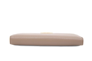 Detailed bottom view of taupe leather wallet with litchi texture and gold metal accents