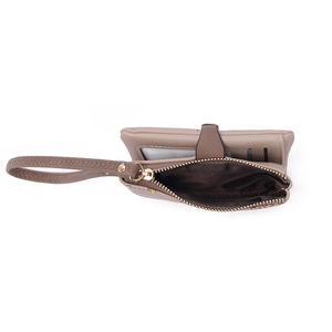 Women's PU leather short wallet in taupe with wristlet and multi-card slot design