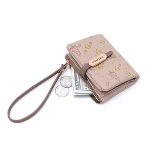 Short PU leather wallet for women with mushroom print and wristlet strap