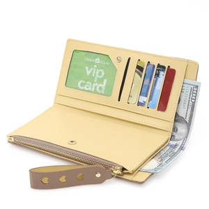 Slim yellow long wallet for women featuring multi-card slots and heart wrist strap