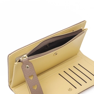 Minimalist light yellow long wallet for women with heart zippers and multi-card slots