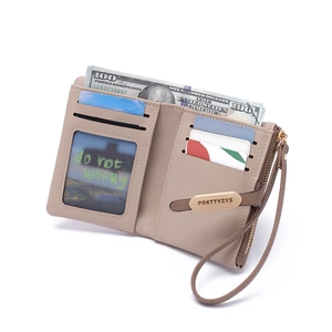 Khaki PU leather folding wallet with card slots, ID window, zipper coin pocket and wristlet