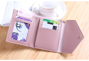 Detail of pink PU leather wallet interior with card slots and transparent photo window