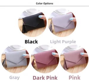 Short PU leather envelope wallets for women with heart tassels in five assorted colors