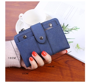 Blue litchi pattern PU leather wallet with snap closure and top zipper pocket, 14x10x2cm size