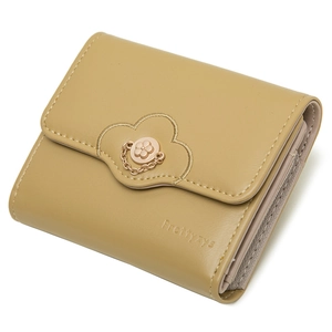 Short tri-fold women's wallet in beige PU leather with floral metal charm decoration