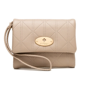 Detailed view of beige lattice quilted leather wallet with gold metal plate and wrist strap