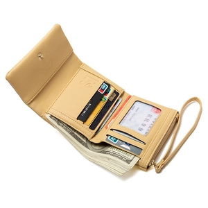 Pale yellow PU leather tri-fold wallet with multiple card slots and wristlet strap