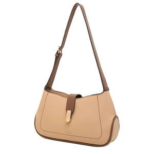 Minimalist beige PU leather hobo shoulder bag with a gold horseshoe buckle and brown trim