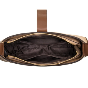 Brown PU leather crossbody bag with interior pockets and golden zippers on white background