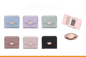 Short PU leather wallet for women with leaf metal clasp and multiple card slots