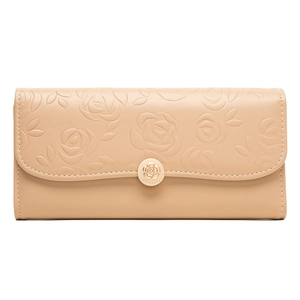 Detail of apricot floral embossed long wallet with gold rose-shaped metal snap closure