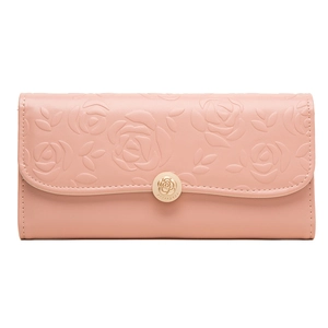 Women Long Wallet PU Leather Rose Embossed Flower Relief Foldable Design Zipper Pocket Card Holder Elegant Clutch Purse