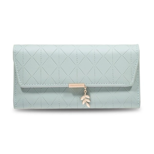 Women Long Wallet PU Leather Quilted Grid Pattern Metal Leaf Pendant Large Capacity Buckle Elegant Handbag