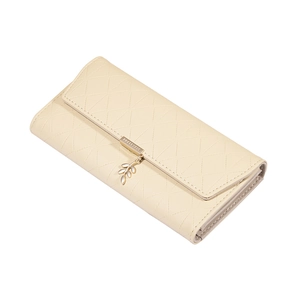 Beige faux leather long trifold wallet with classic quilted pattern and leaf pendant