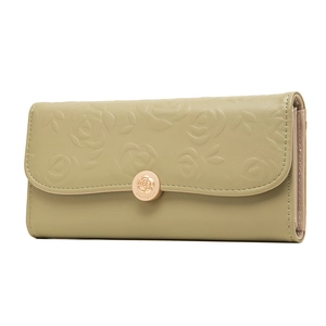 Elegant light green PU leather wallet with floral embossing and gold rose clasp