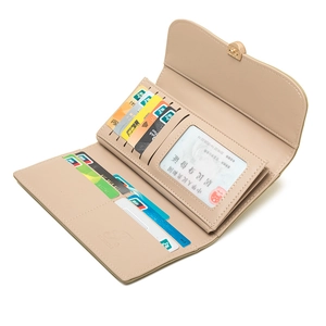 Three-fold beige faux leather long wallet for women with multi-card slots and gold buckle