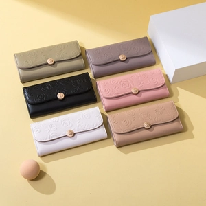 Floral embossed long PU leather tri-fold wallets in six colors with rose metal buckle