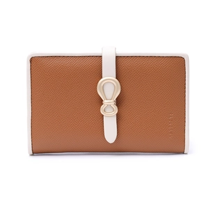 Detail of brown litchi pattern leather wallet with white trim and gold buckle