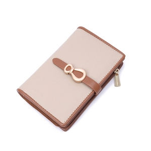 Chic women's bi-fold wallet with beige and brown saffiano texture and golden bow buckle
