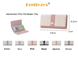 Pink trifold long wallet with clover pattern, metal clasp, and multiple card slots detail