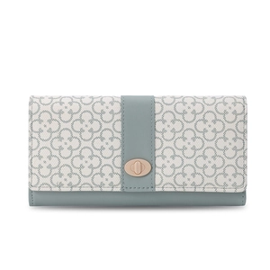 Detail of long PU leather wallet featuring geometric floral patterns and twist lock