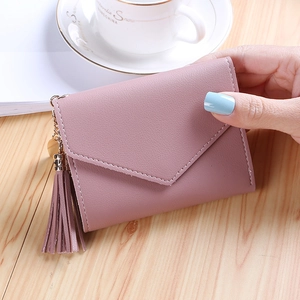 Women's Short Trifold Wallet PU Leather Lychee Pattern Card Holder Purse With Tassel Heart Pendant Envelope Wallet