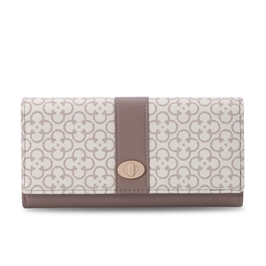 Detail of cream floral pattern long wallet with gold oval twist lock and brown leather trim