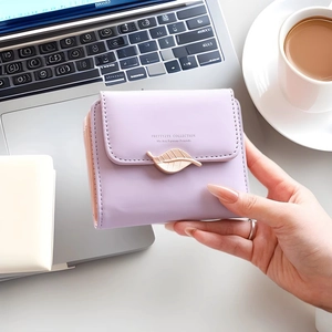 Women Short Wallet PU Leather Foldable Multifunctional Coin Purse With Metal Leaf Buckle Elegant Card Holder