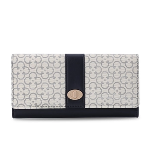 Detail view of long wallet with grey floral pattern and gold metal twist lock
