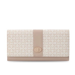 Detail of floral pattern women's long wallet with tan leather strap and twist lock