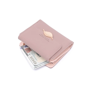 Short pink PU leather trifold wallet for women with golden leaf clasp and banknote slot