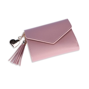 Pink minimalist short wallet for women with heart pendant and tassel on white background