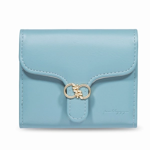 Detail of light blue PU leather wallet with golden clasp and fine stitched texture