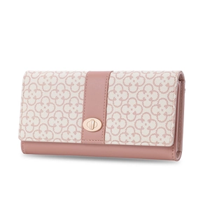 Pink and beige faux leather clutch with clover pattern and golden metal turn-lock