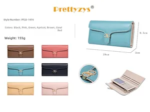 Detail view of long PU leather wallet with flower metal buckle and internal card slots