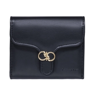 Close-up of black leather wallet with golden dual-ring buckle and brand logo detail