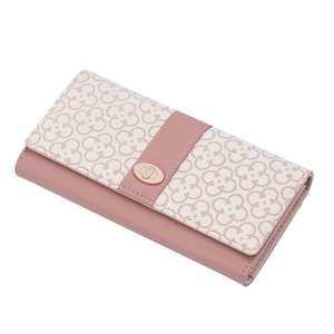 Women's long tri-fold wallet in rose pink with floral flap and golden twist lock