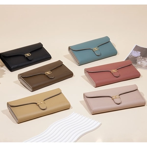 Women's long PU leather wallets with gold ring buckles in six assorted pastel colors